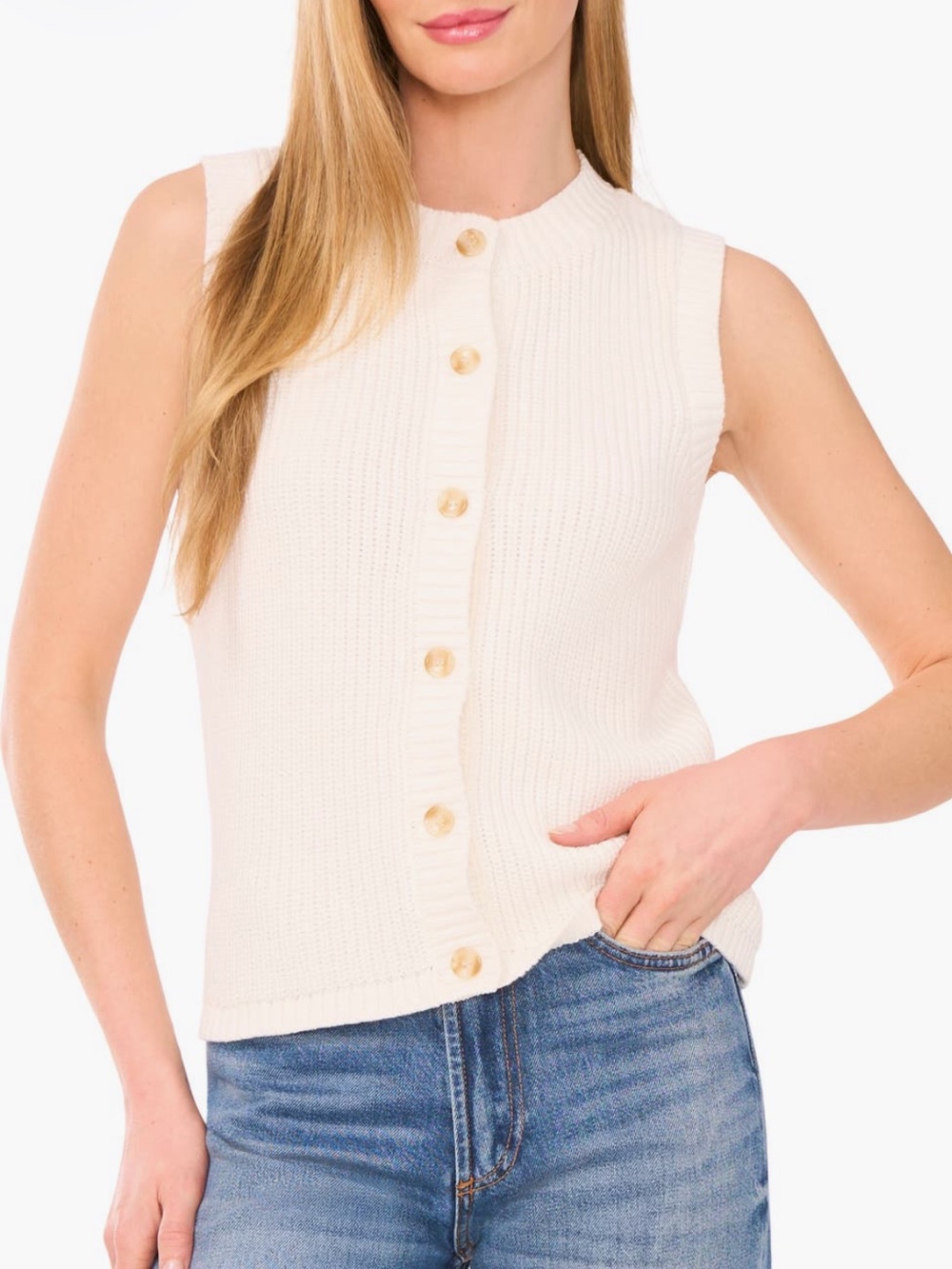 Halogen Cream Sleeveless Cotton Knit Button-Front Vest Top - Sz Large, NWT